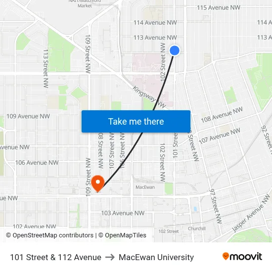101 Street & 112 Avenue to MacEwan University map