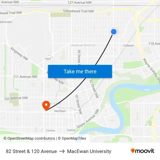 82 Street & 120 Avenue to MacEwan University map
