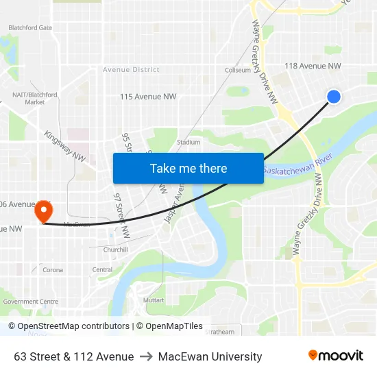 63 Street & 112 Avenue to MacEwan University map