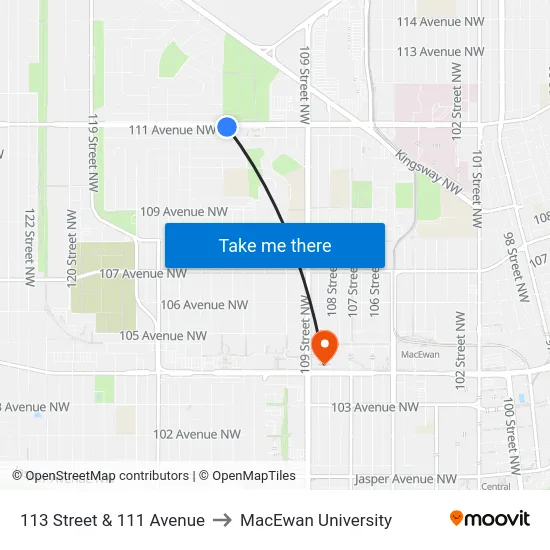 113 Street & 111 Avenue to MacEwan University map