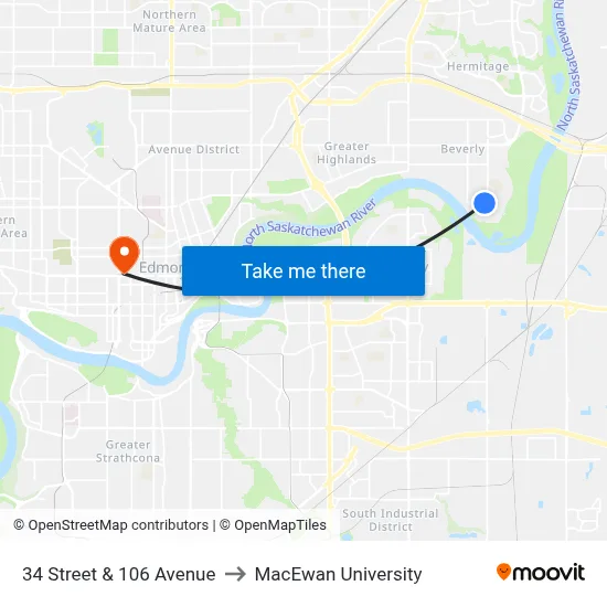 34 Street & 106 Avenue to MacEwan University map