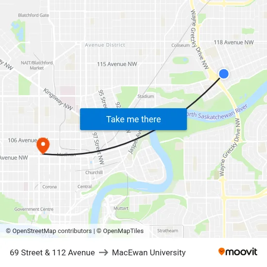 69 Street & 112 Avenue to MacEwan University map