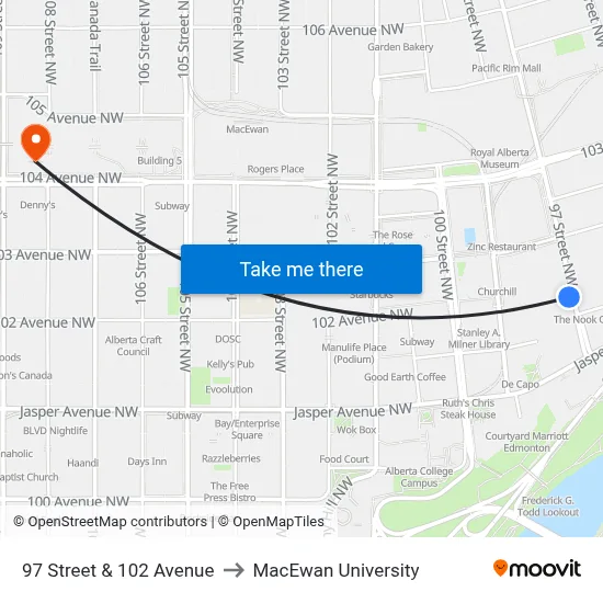 97 Street & 102 Avenue to MacEwan University map