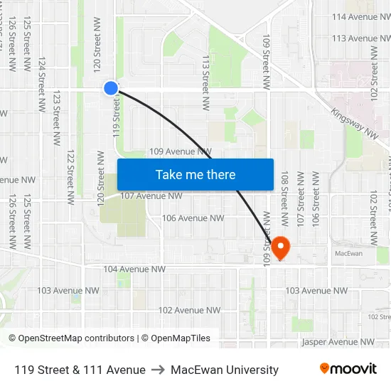 119 Street & 111 Avenue to MacEwan University map
