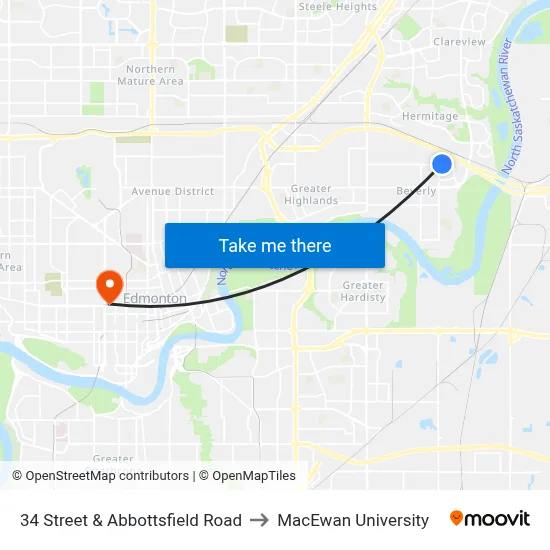 34 Street & Abbottsfield Road to MacEwan University map