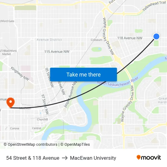 54 Street & 118 Avenue to MacEwan University map