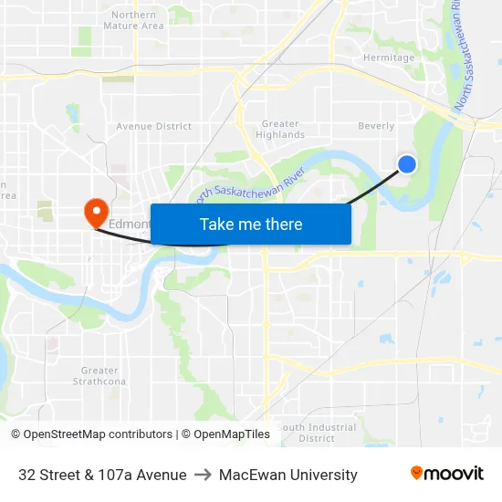 32 Street & 107a Avenue to MacEwan University map