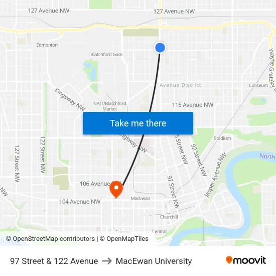 97 Street & 122 Avenue to MacEwan University map