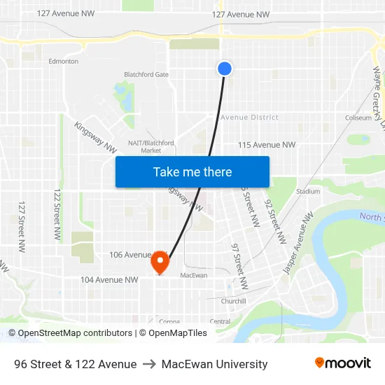 96 Street & 122 Avenue to MacEwan University map