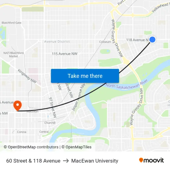 60 Street & 118 Avenue to MacEwan University map