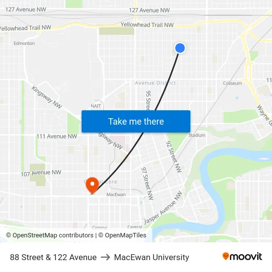 88 Street & 122 Avenue to MacEwan University map