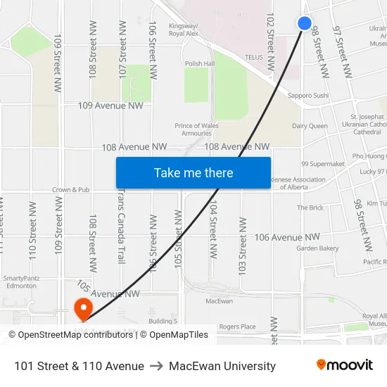 101 Street & 110 Avenue to MacEwan University map