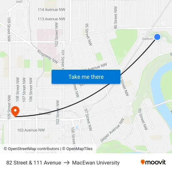 82 Street & 111 Avenue to MacEwan University map