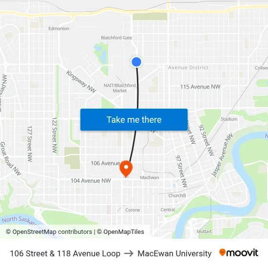106 Street & 118 Avenue Loop to MacEwan University map