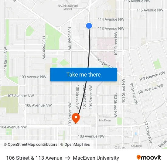 106 Street & 113 Avenue to MacEwan University map
