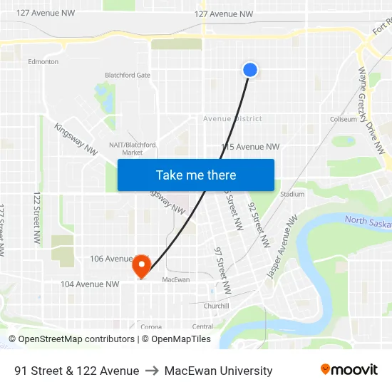 91 Street & 122 Avenue to MacEwan University map