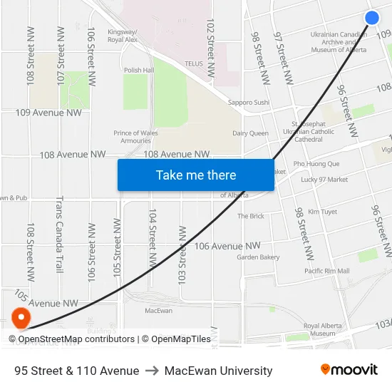 95 Street & 110 Avenue to MacEwan University map