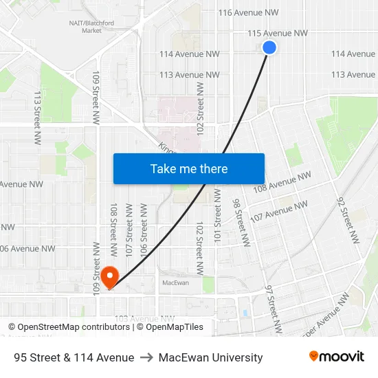 95 Street & 114 Avenue to MacEwan University map