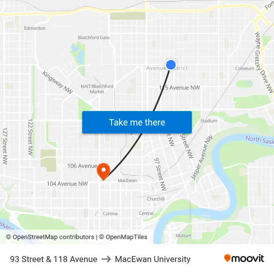 93 Street & 118 Avenue to MacEwan University map