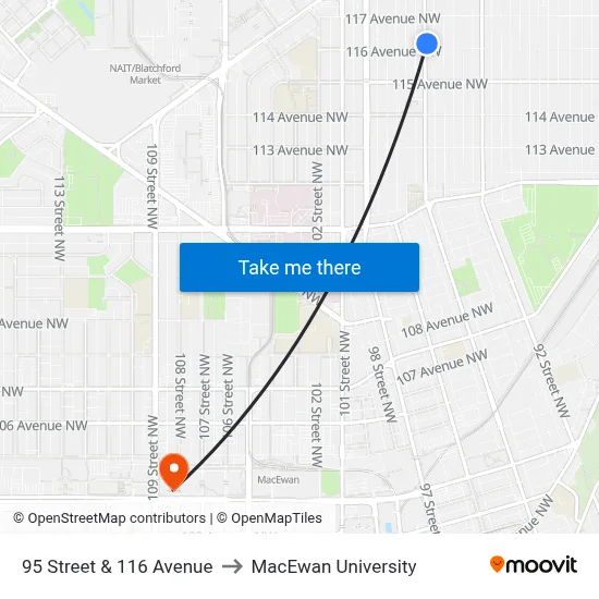 95 Street & 116 Avenue to MacEwan University map
