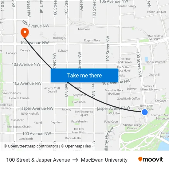 100 Street & Jasper Avenue to MacEwan University map