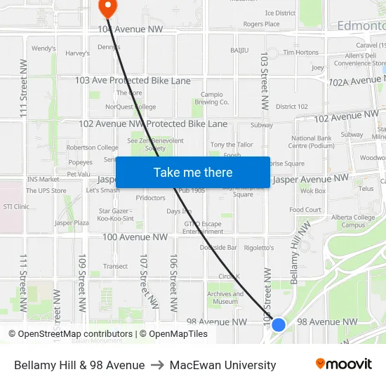 Bellamy Hill & 98 Avenue to MacEwan University map
