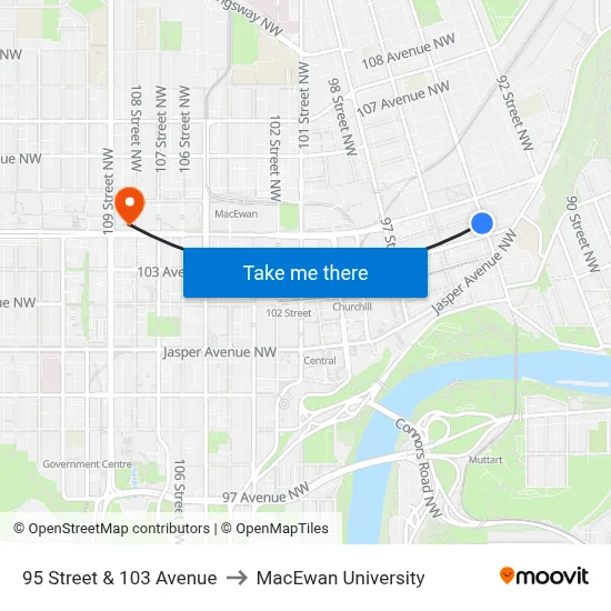 95 Street & 103 Avenue to MacEwan University map