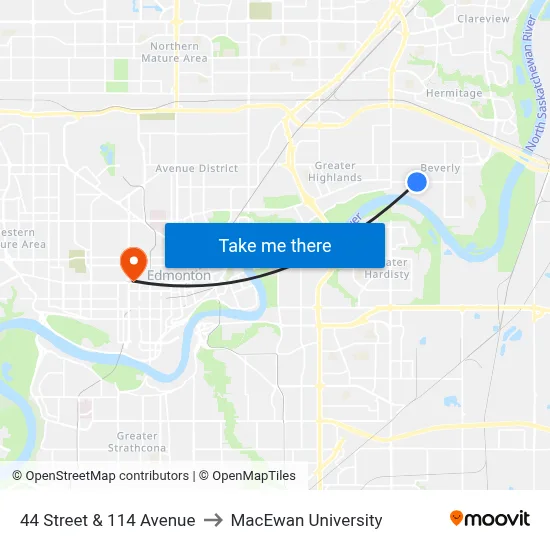 44 Street & 114 Avenue to MacEwan University map