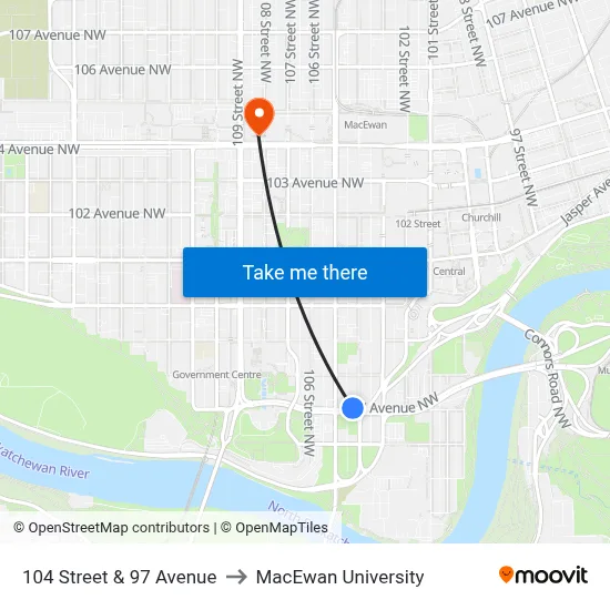 104 Street & 97 Avenue to MacEwan University map