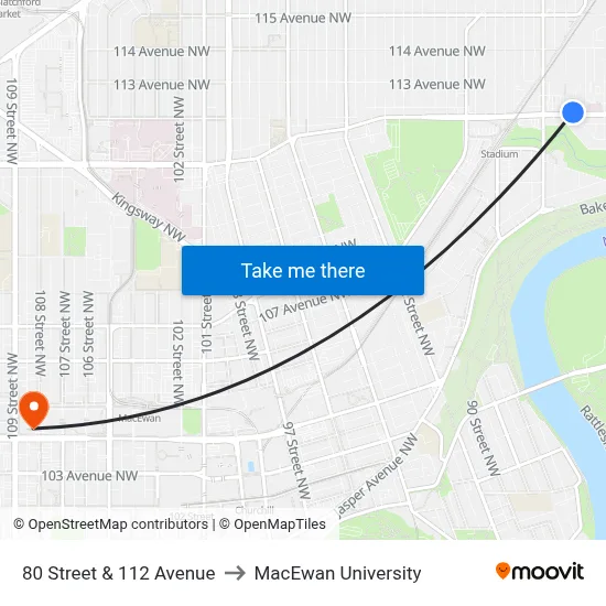 80 Street & 112 Avenue to MacEwan University map