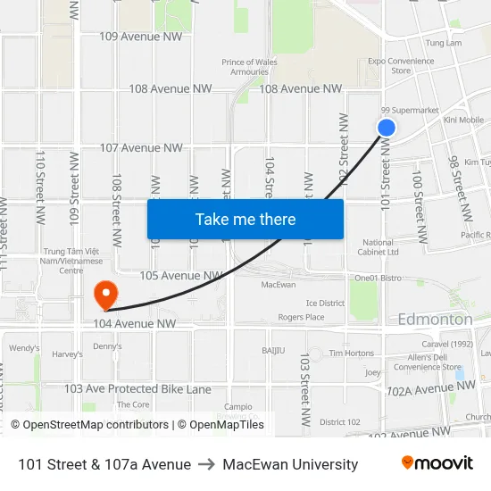 101 Street & 107a Avenue to MacEwan University map