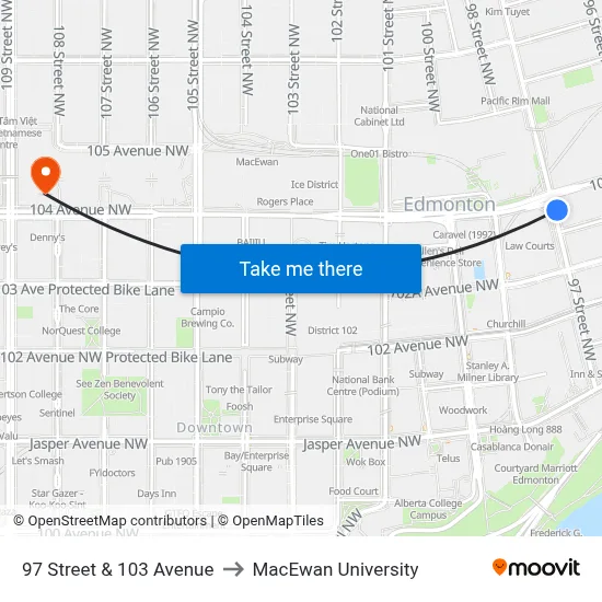 97 Street & 103 Avenue to MacEwan University map