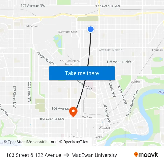 103 Street & 122 Avenue to MacEwan University map