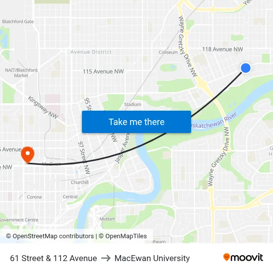 61 Street & 112 Avenue to MacEwan University map