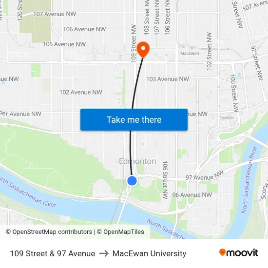109 Street & 97 Avenue to MacEwan University map