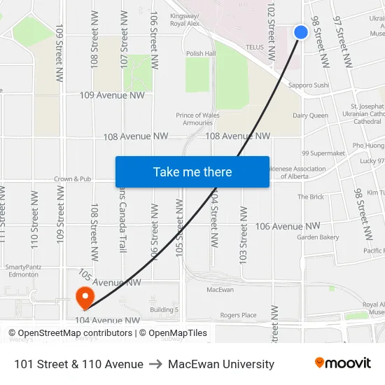 101 Street & 110 Avenue to MacEwan University map