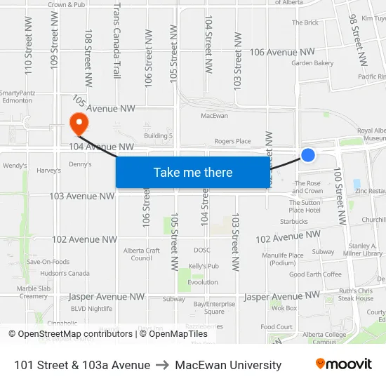 101 Street & 103a Avenue to MacEwan University map