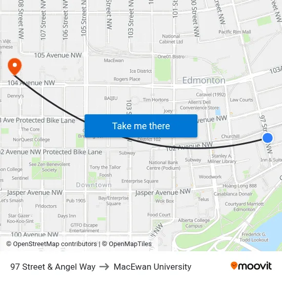 97 Street & Angel Way to MacEwan University map
