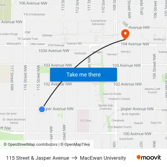 115 Street & Jasper Avenue to MacEwan University map