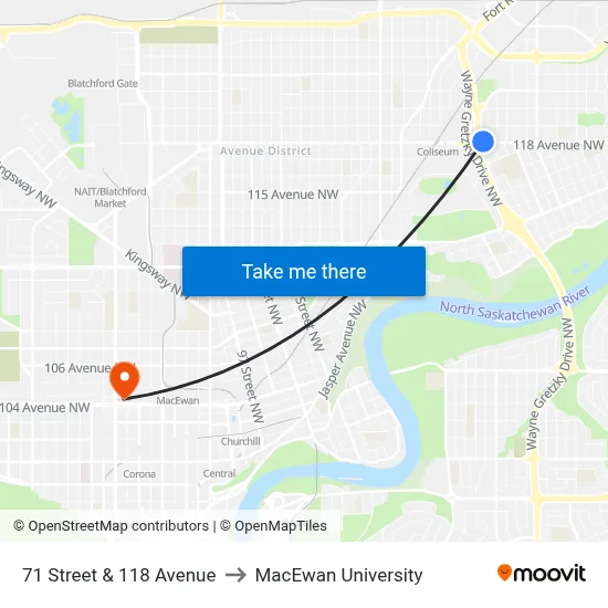 71 Street & 118 Avenue to MacEwan University map