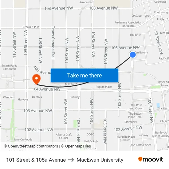 101 Street & 105a Avenue to MacEwan University map