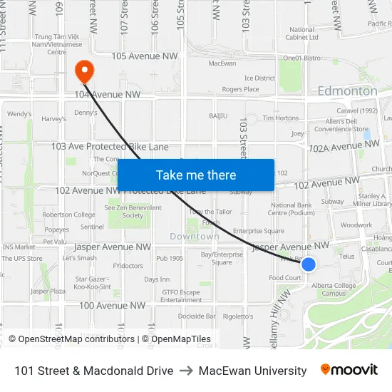 101 Street & Macdonald Drive to MacEwan University map