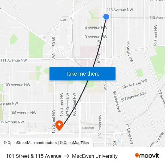 101 Street & 115 Avenue to MacEwan University map