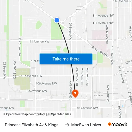 Princess Elizabeth Av & Kingsway to MacEwan University map