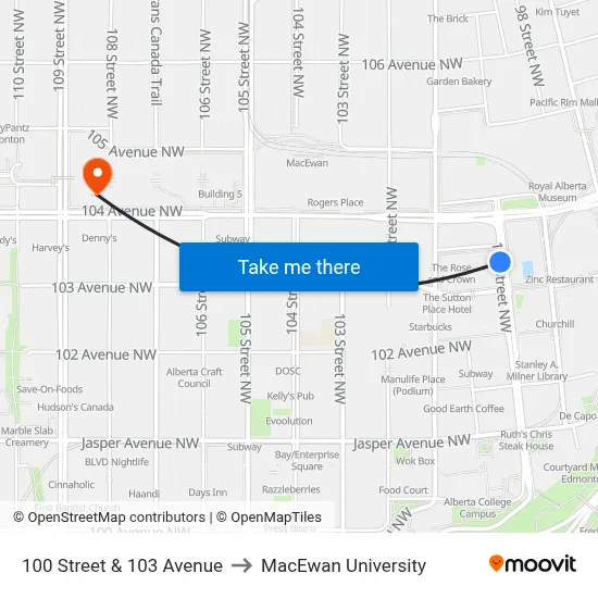 100 Street & 103 Avenue to MacEwan University map