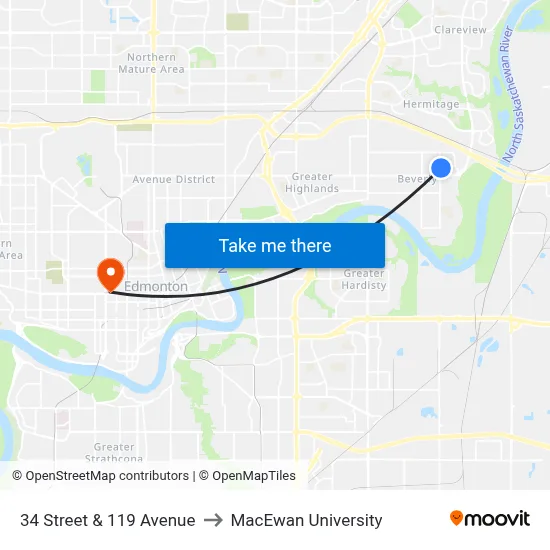 34 Street & 119 Avenue to MacEwan University map