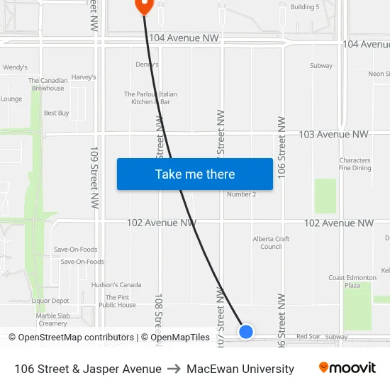 106 Street & Jasper Avenue to MacEwan University map