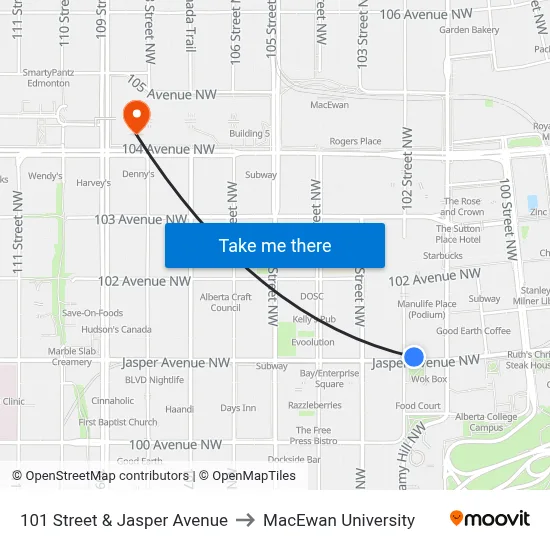 101 Street & Jasper Avenue to MacEwan University map