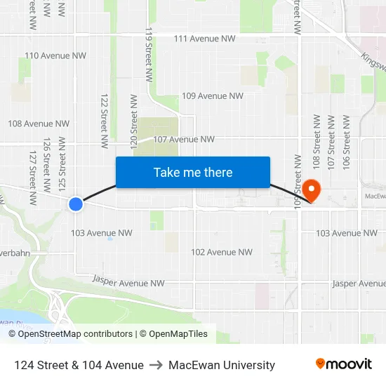 124 Street & 104 Avenue to MacEwan University map