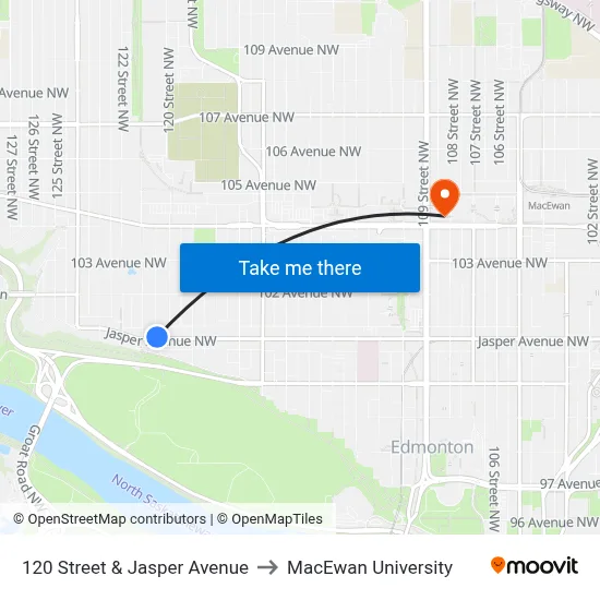 120 Street & Jasper Avenue to MacEwan University map